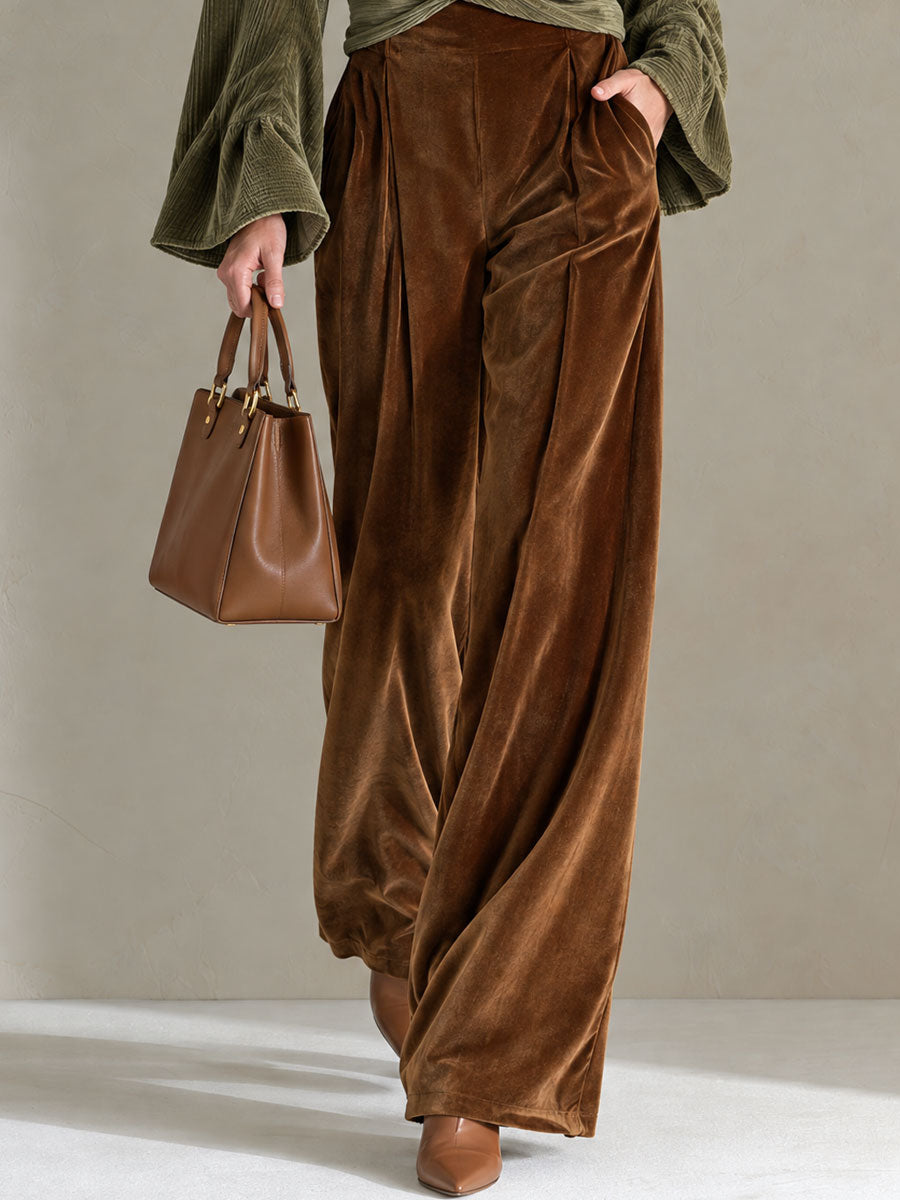 Retro Elegant Olive Green Crossover Wrap Velvet Top And Brown Wide-Leg Pants Set
