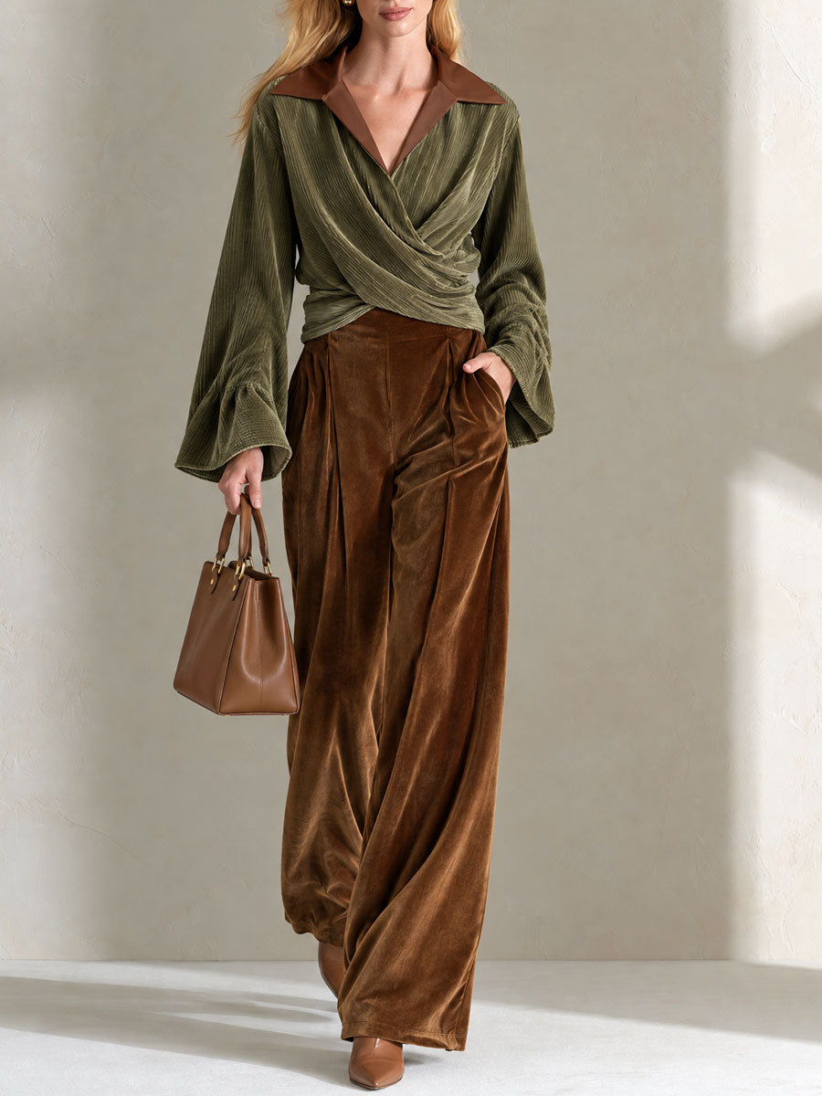 Retro Elegant Olive Green Crossover Wrap Velvet Top And Brown Wide-Leg Pants Set