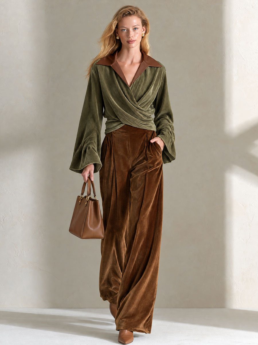 Retro Elegant Olive Green Crossover Wrap Velvet Top And Brown Wide-Leg Pants Set