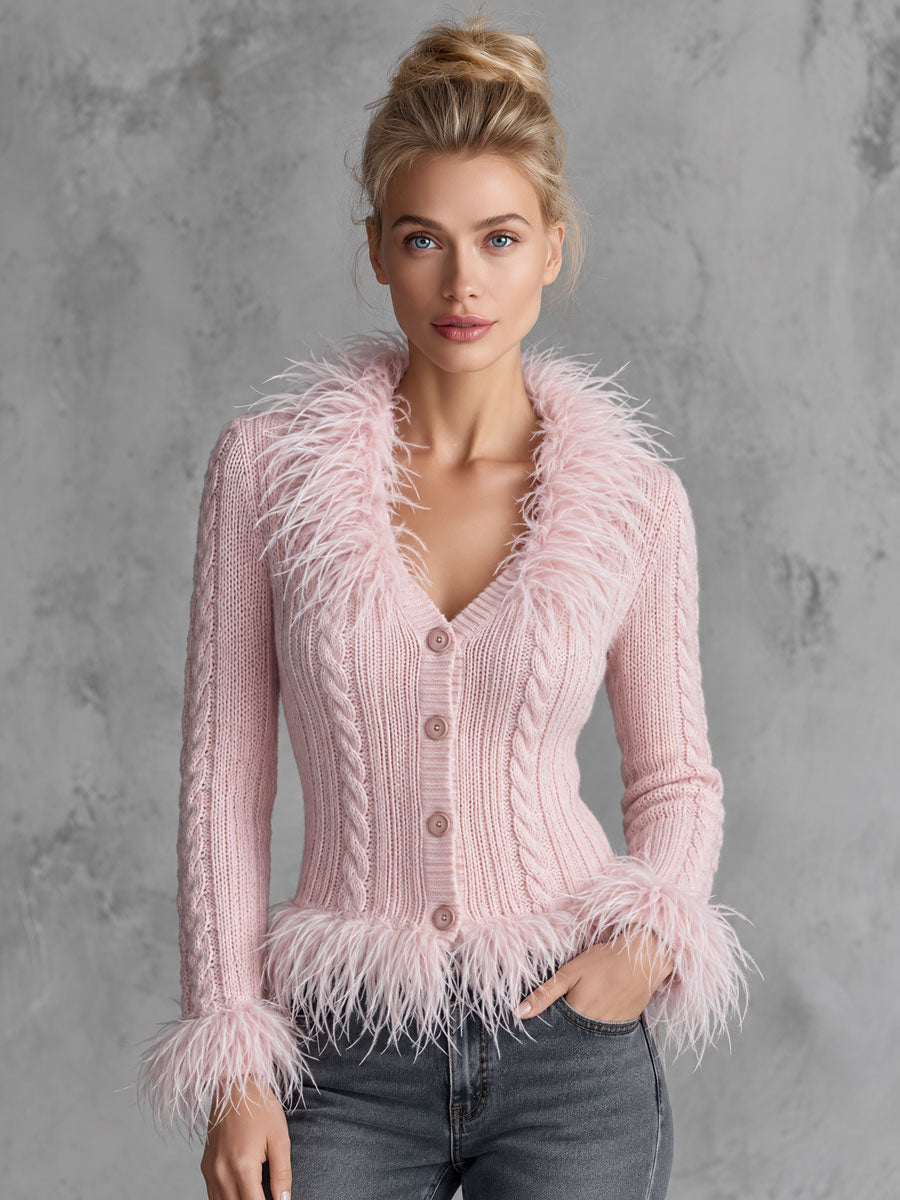 Retro Elegant Pink Feather-Trim V-Neck Cable Knit Button-Front Cardigan