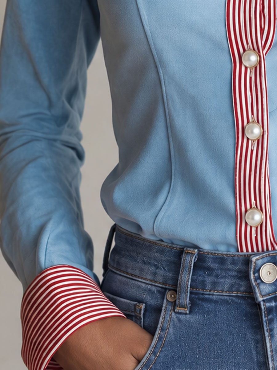 Retro-elegant Light Blue Striped V-neck Pearl Button Faux Suede Shirt