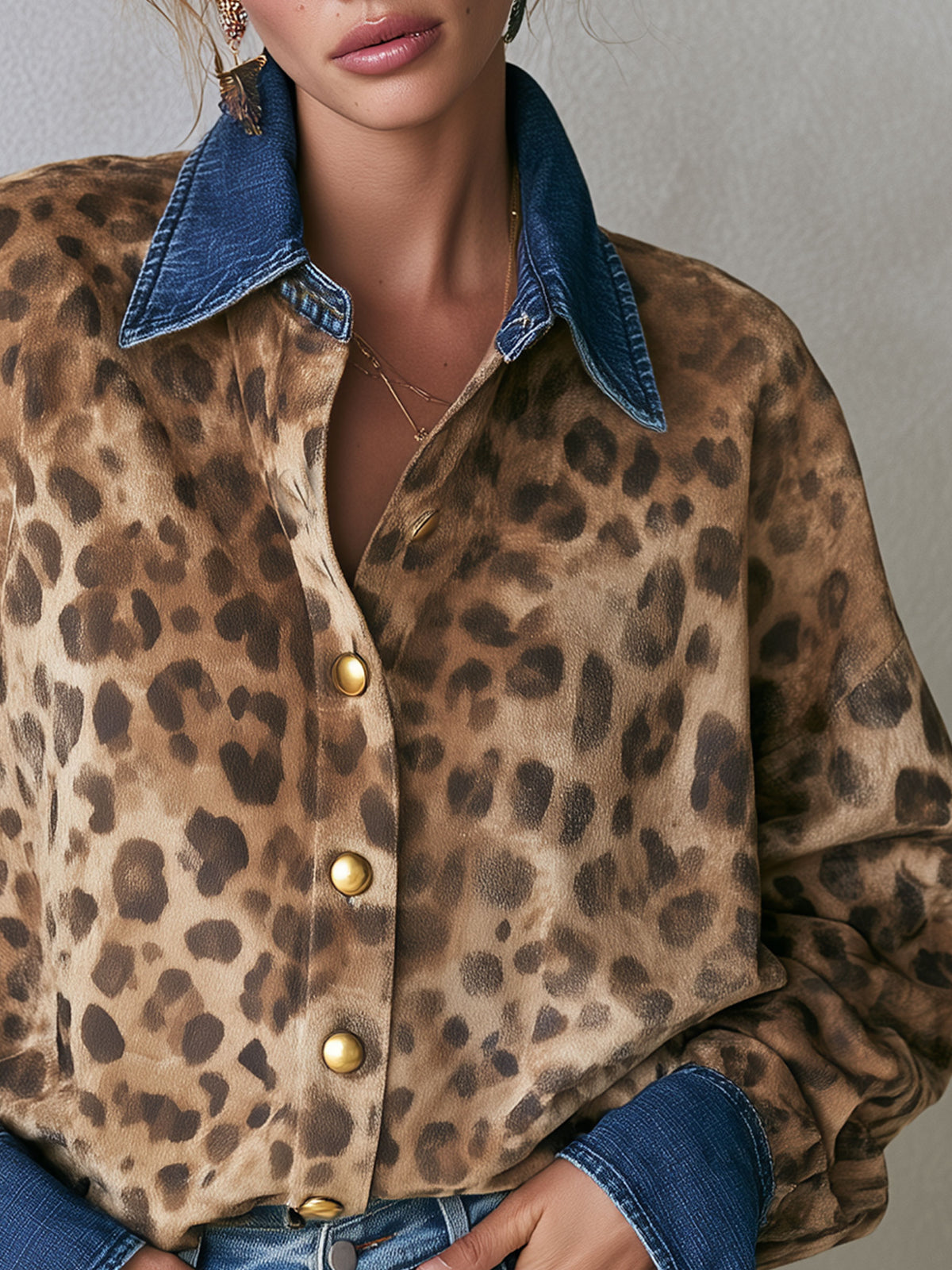 Casual Retro Faux Suede Leopard Print Denim Patchwork Long-sleeved Shirt