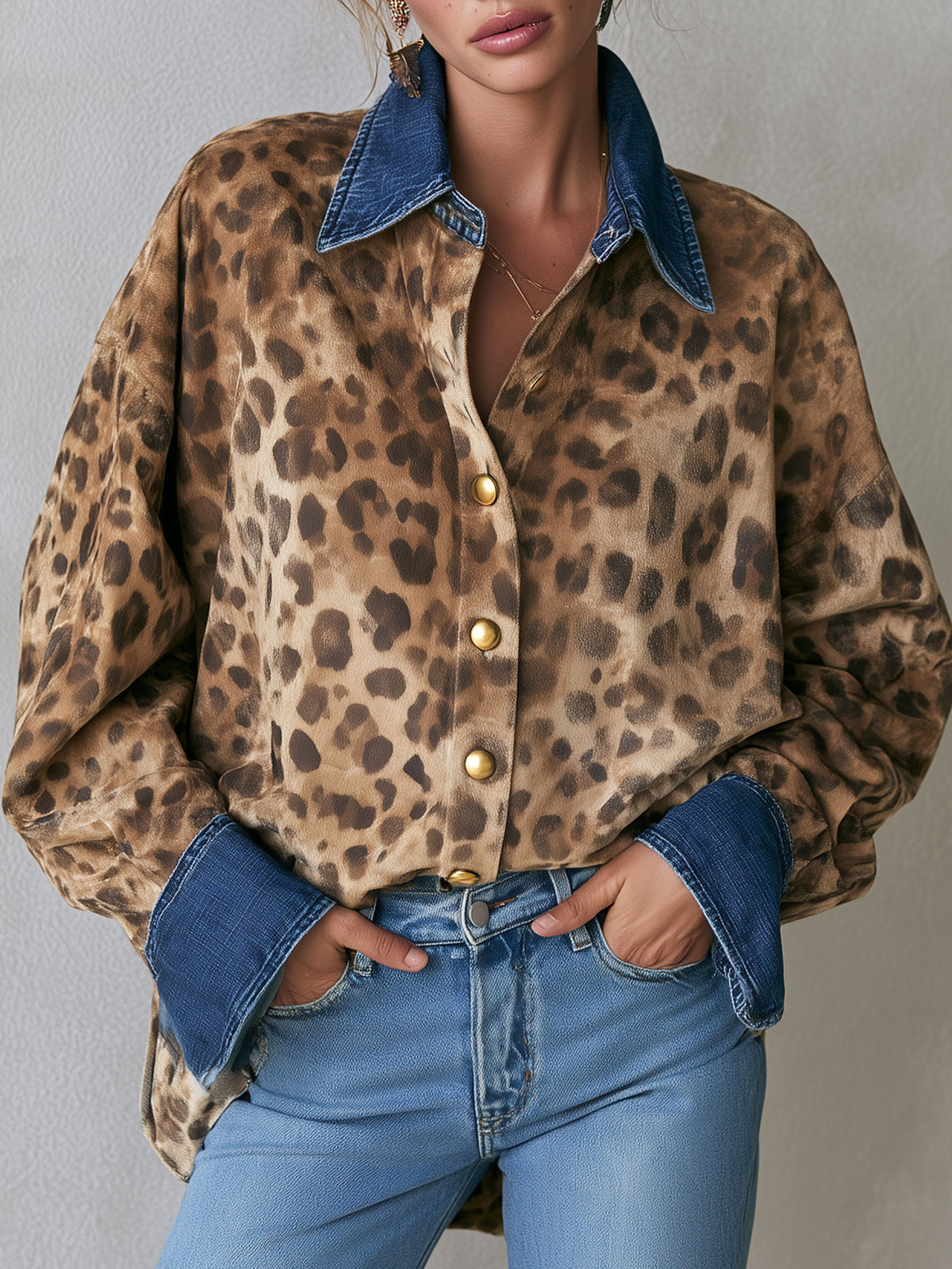 Casual Retro Faux Suede Leopard Print Denim Patchwork Long-sleeved Shirt