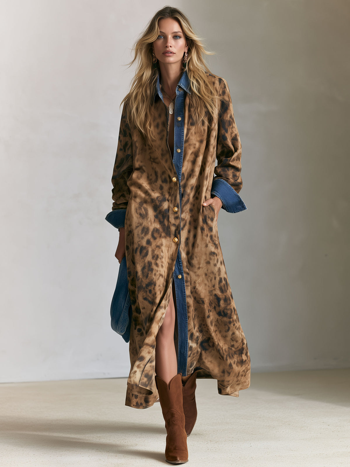 Casual Retro Faux Suede Leopard Print Denim Patchwork Maxi Dress