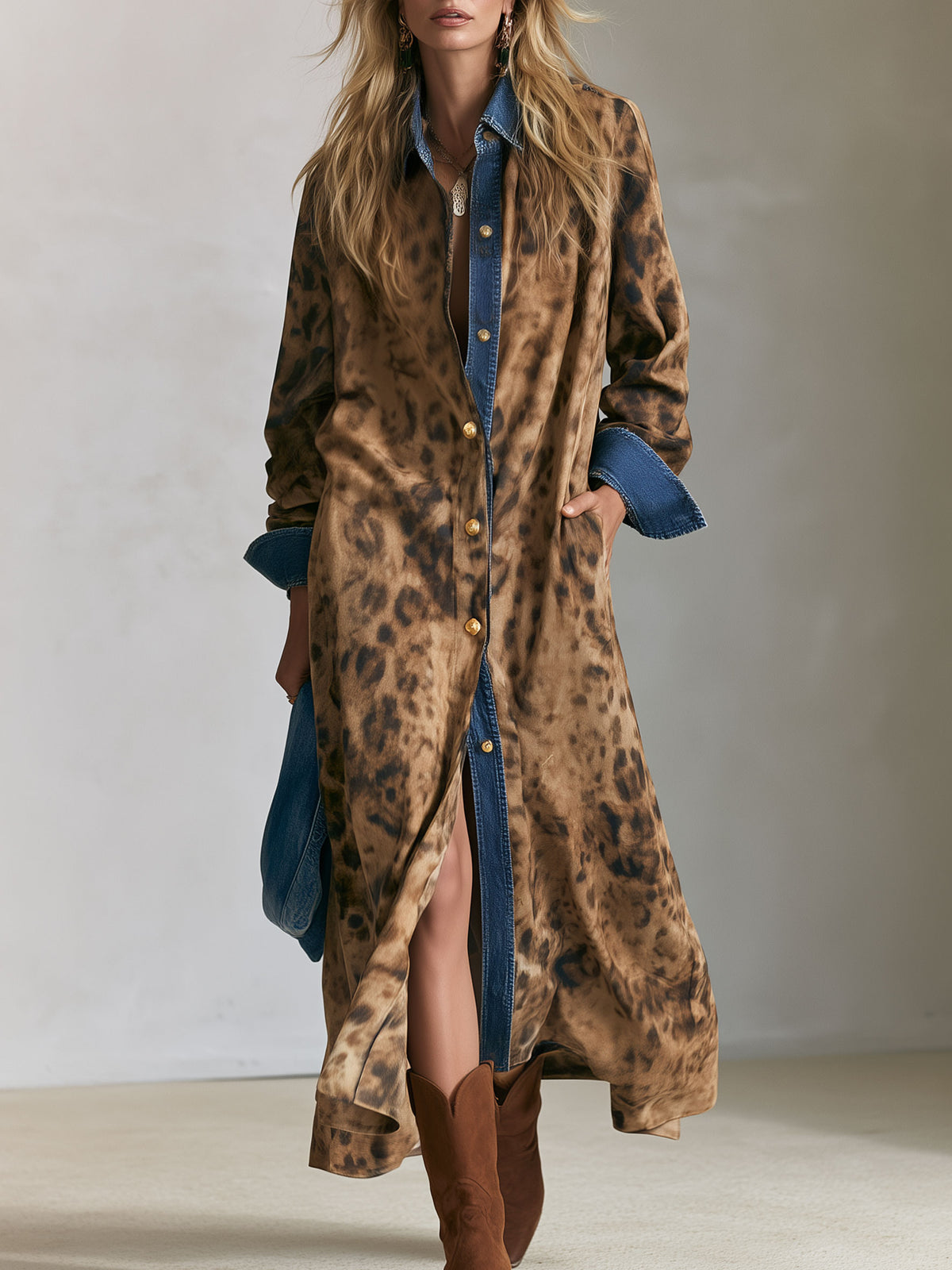 Casual Retro Faux Suede Leopard Print Denim Patchwork Maxi Dress