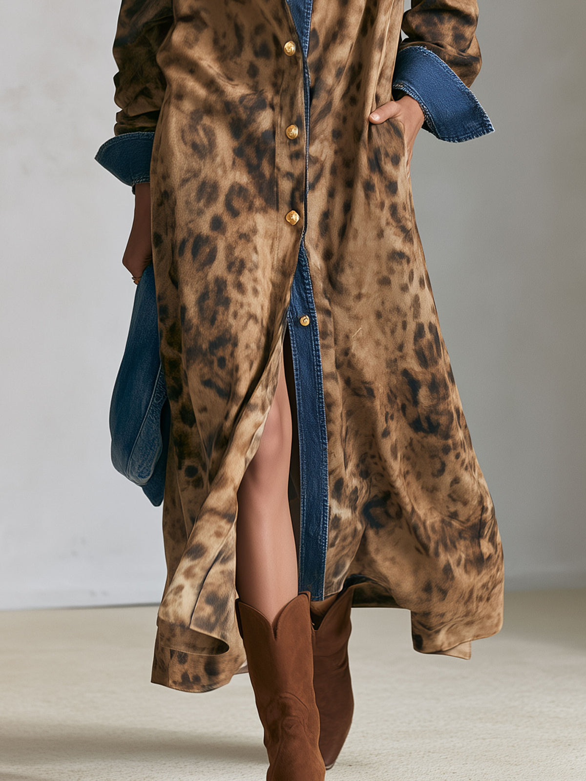 Casual Retro Faux Suede Leopard Print Denim Patchwork Maxi Dress