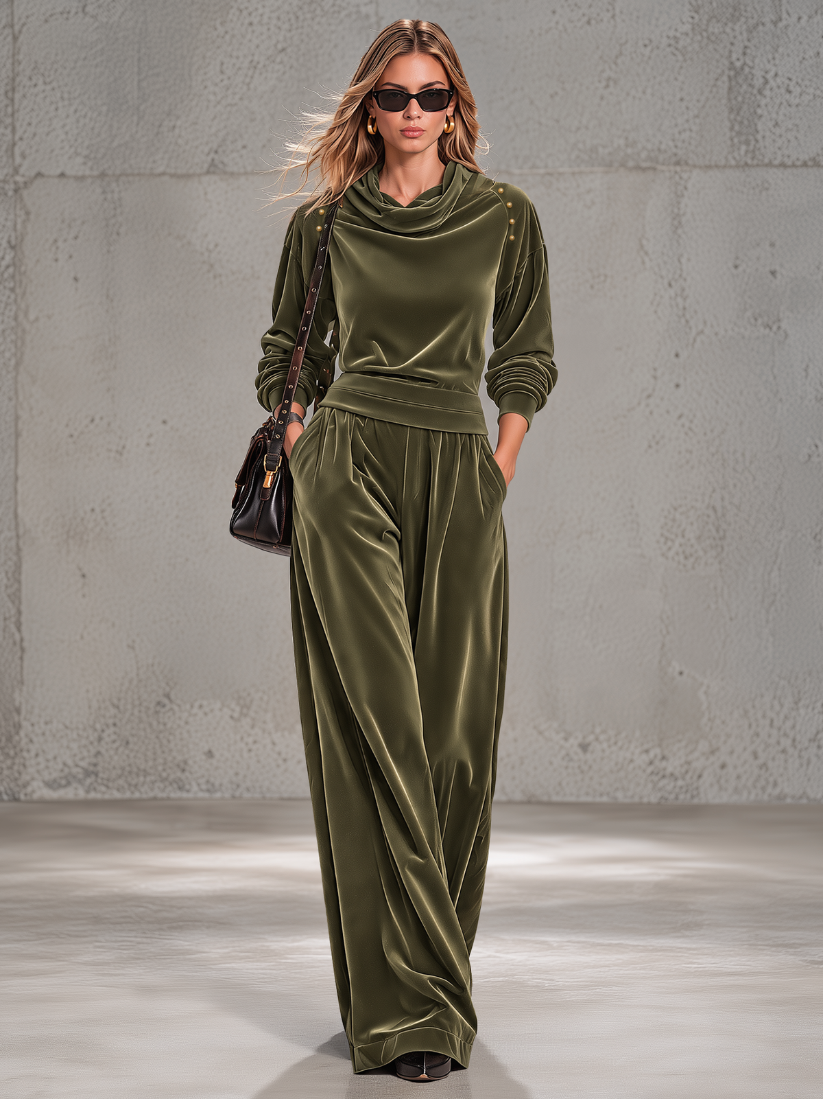 Olive Green High-neck Velvet Trouser Set With A Retro Casual And Elegant Style