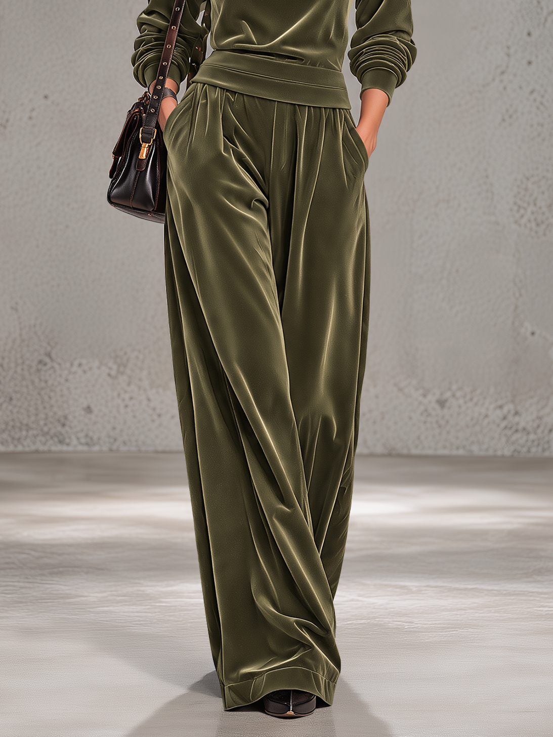 Olive Green High-neck Velvet Trouser Set With A Retro Casual And Elegant Style