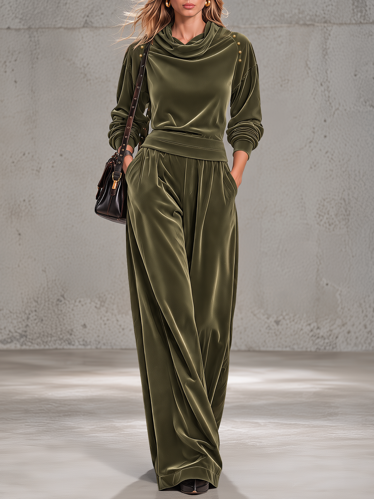 Olive Green High-neck Velvet Trouser Set With A Retro Casual And Elegant Style