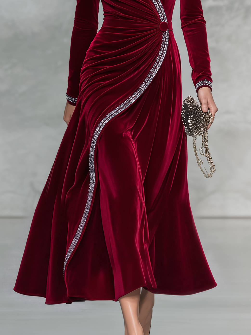 Vintage-style Elegant Red Velvet Maxi Dress With Rhinestones