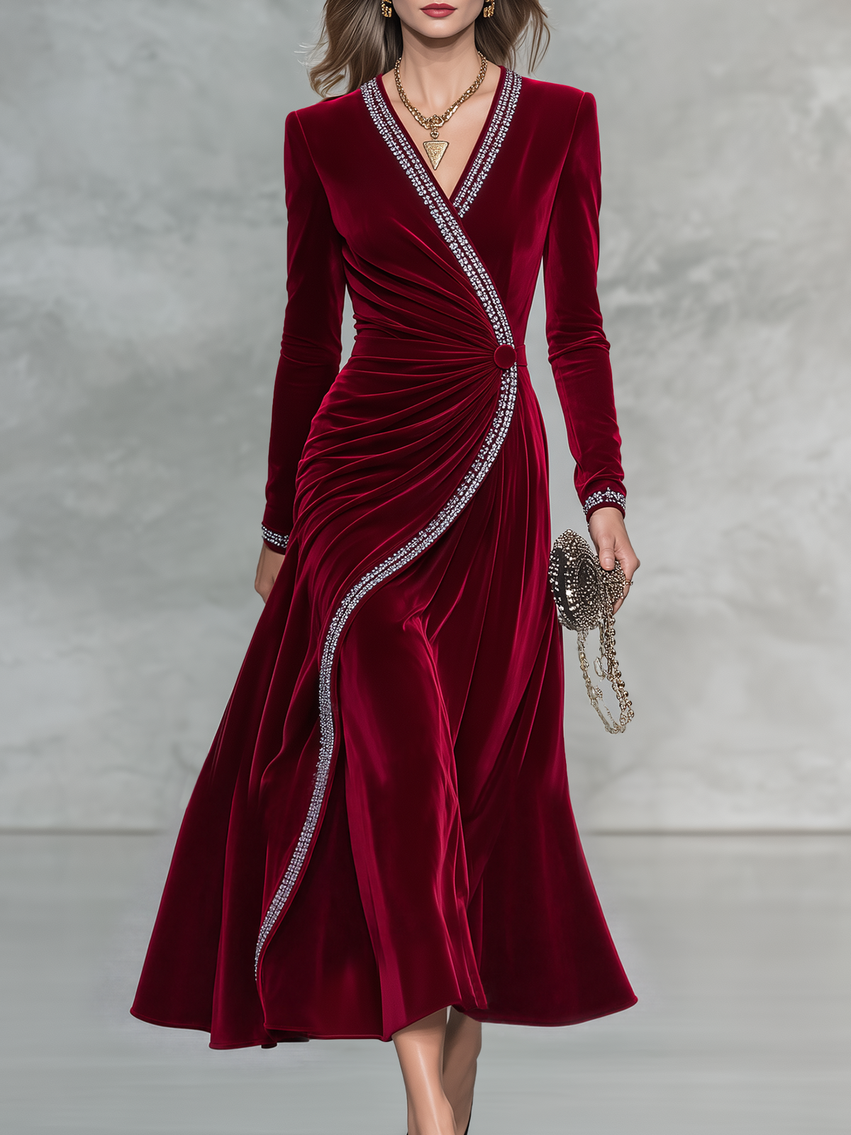 Vintage-style Elegant Red Velvet Maxi Dress With Rhinestones