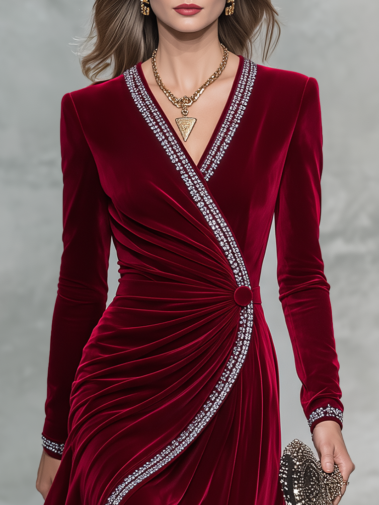 Vintage-style Elegant Red Velvet Maxi Dress With Rhinestones