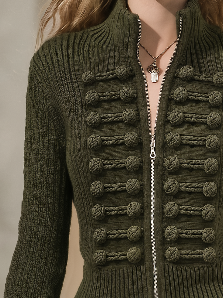 Olive Green Knit Jacket With A Retro Casual And Elegant Style