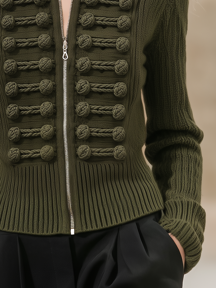 Olive Green Knit Jacket With A Retro Casual And Elegant Style