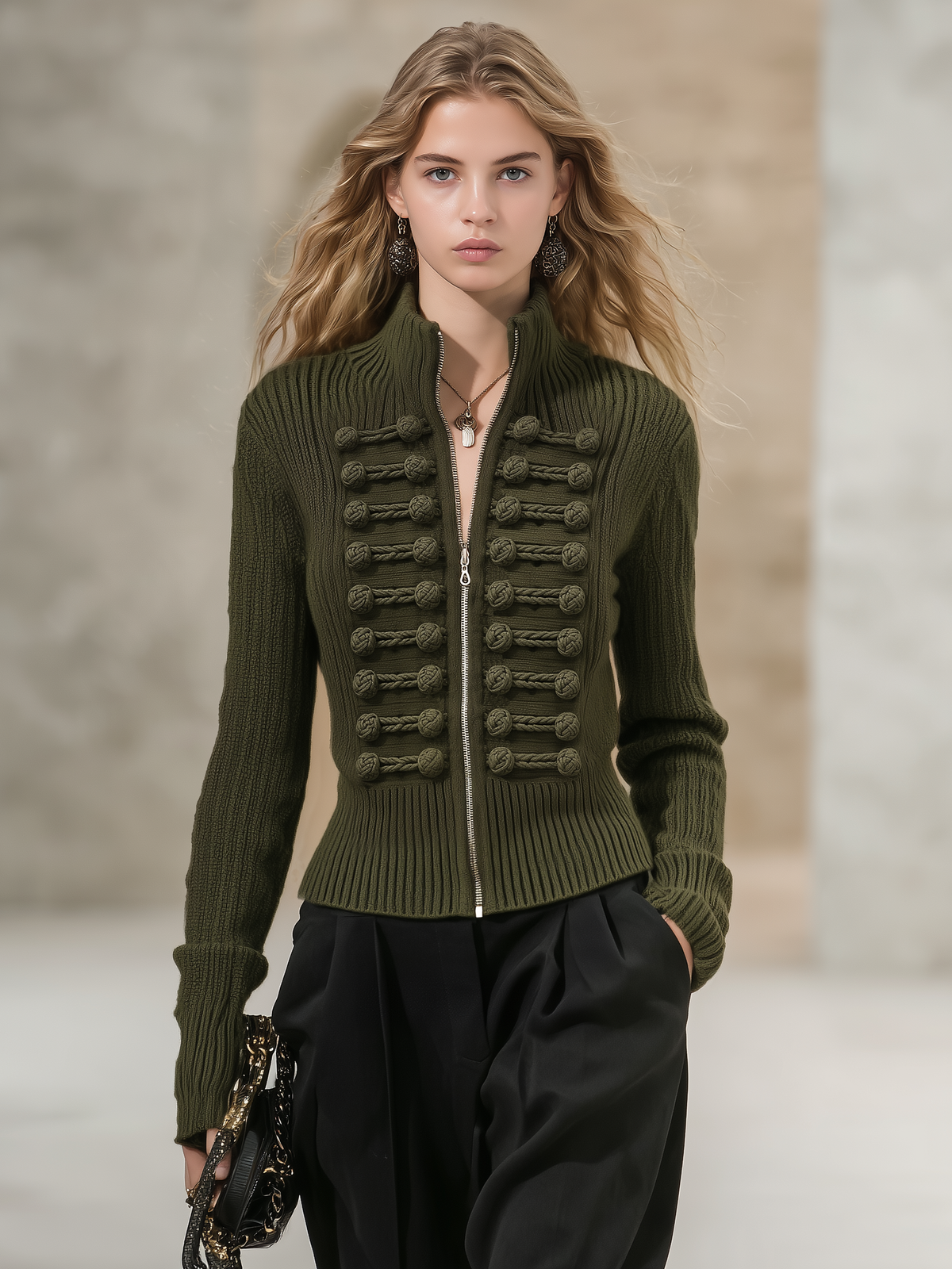 Olive Green Knit Jacket With A Retro Casual And Elegant Style