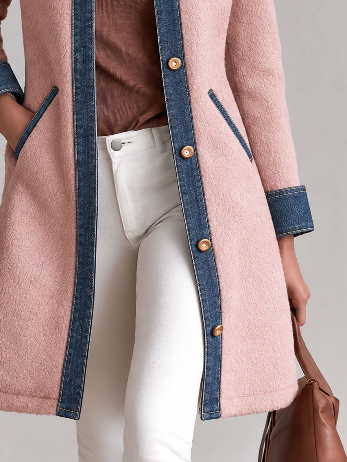 Casual Retro Pink Fleece Denim Patchwork Mid-length Coat
