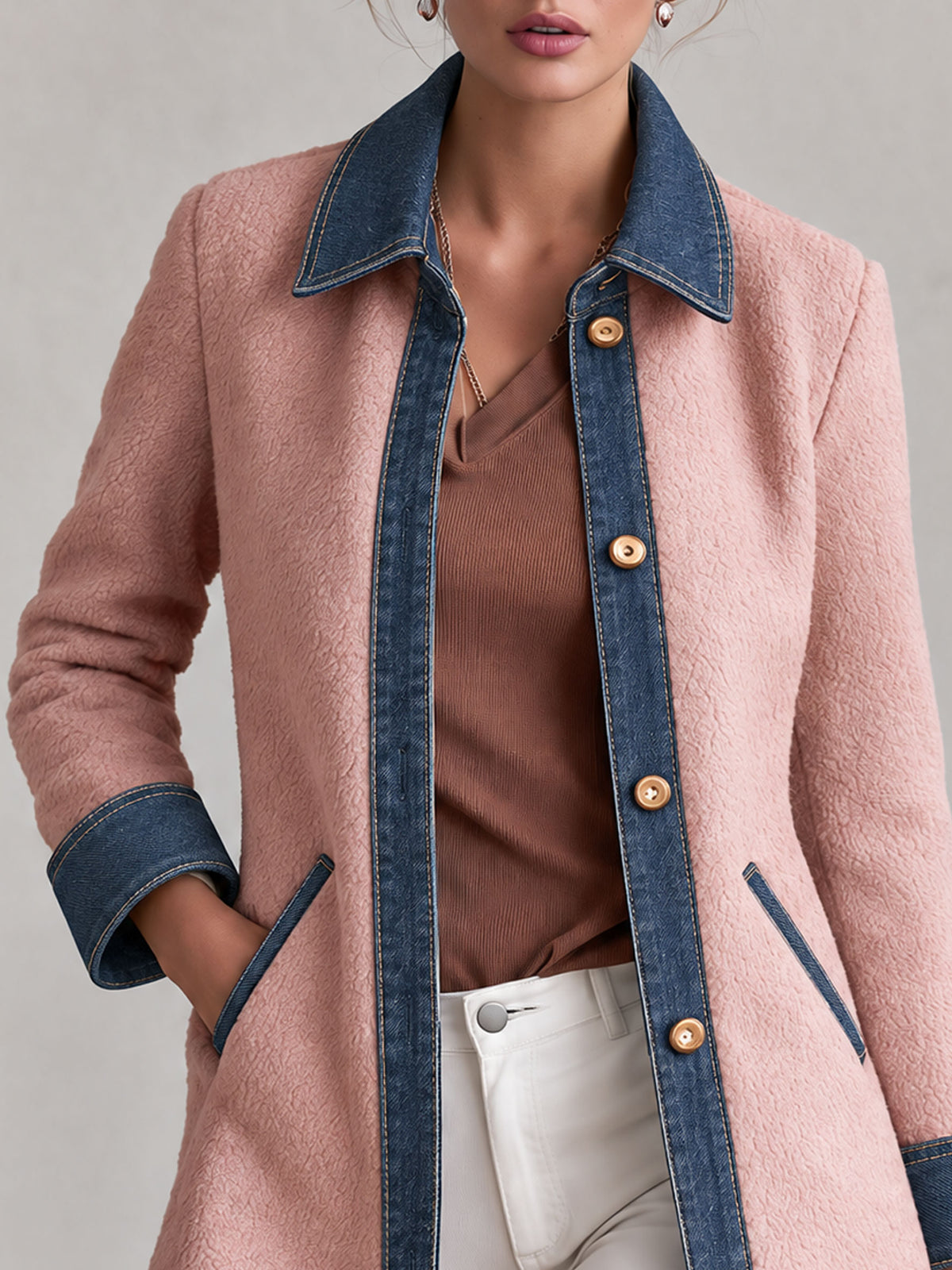 Casual Retro Pink Fleece Denim Patchwork Mid-length Coat