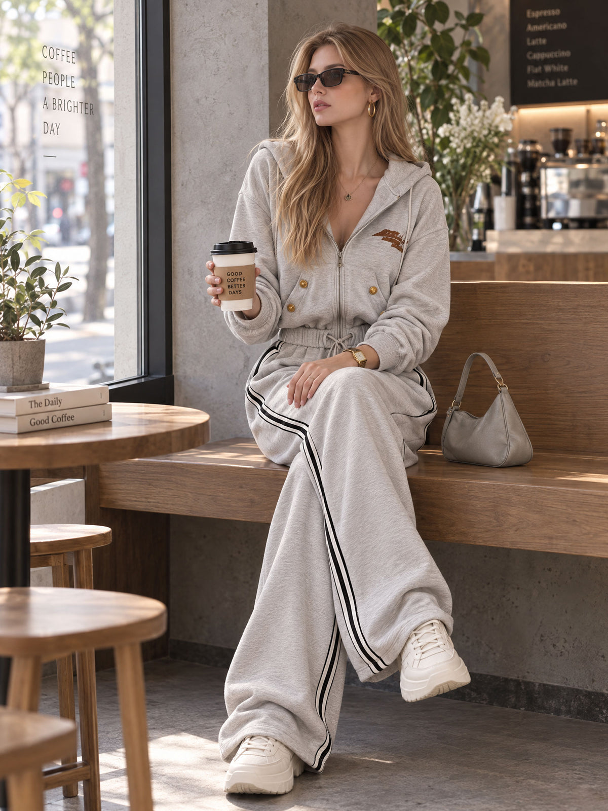 Retro Loose-fitting Sporty Embroidered Striped Hooded Cotton Jumpsuit