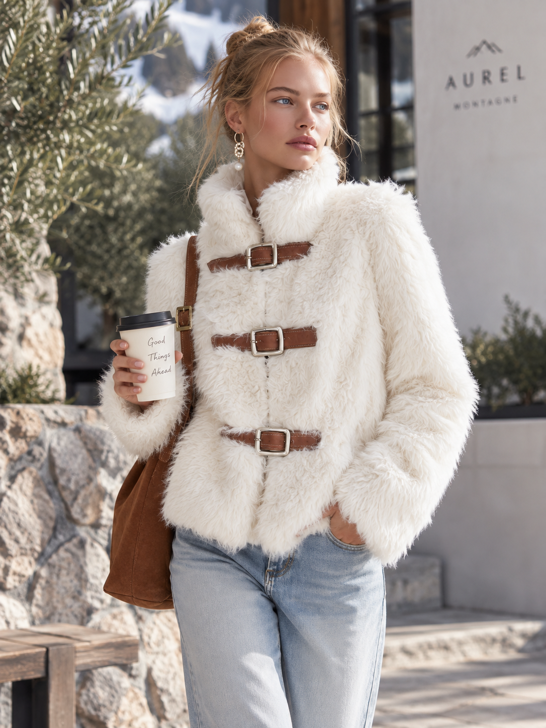Luxurious White Stand-collar Faux-fur Short Coat