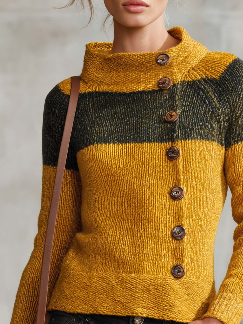 Retro Chic Mustard Color Block Mock Neck Button Front Knit Sweater Top