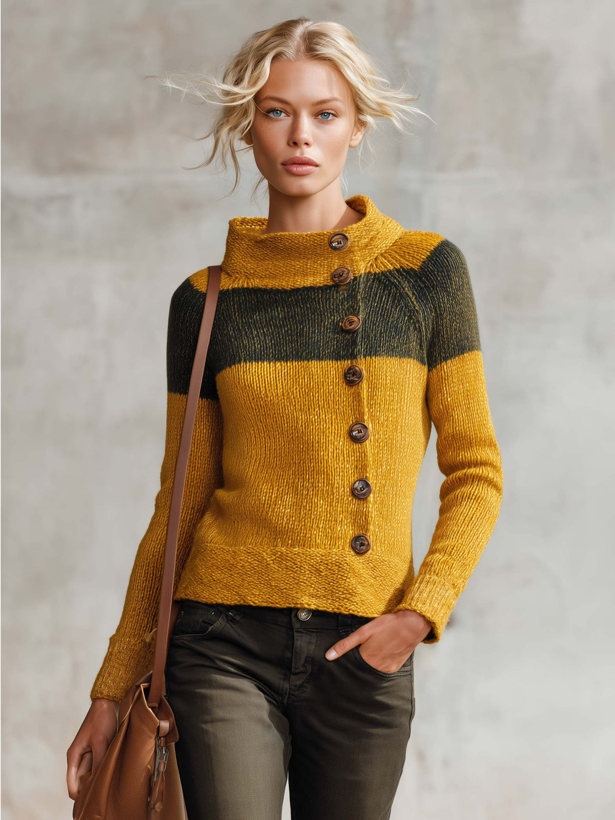 Retro Chic Mustard Color Block Mock Neck Button Front Knit Sweater Top