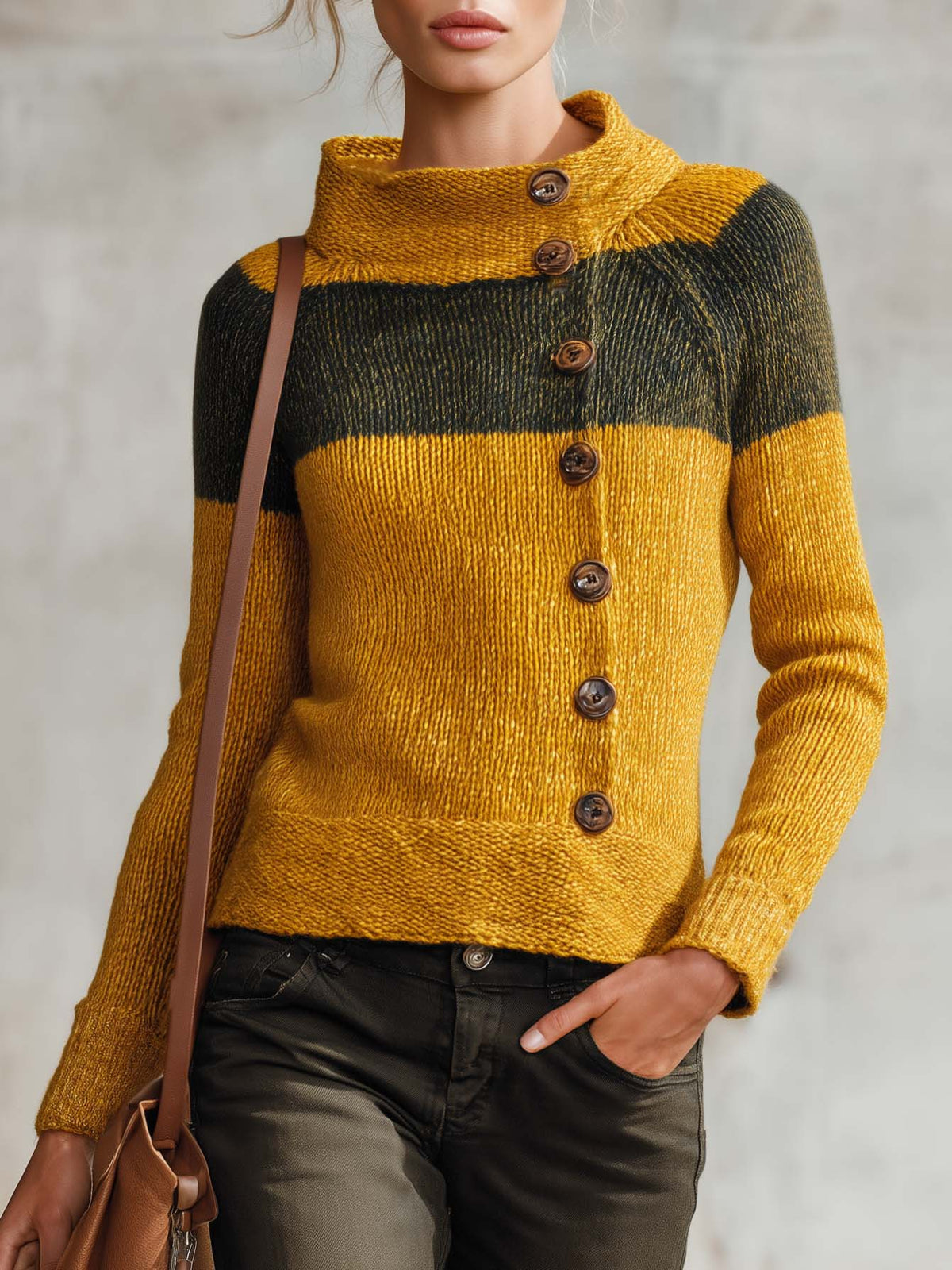 Retro Chic Mustard Color Block Mock Neck Button Front Knit Sweater Top