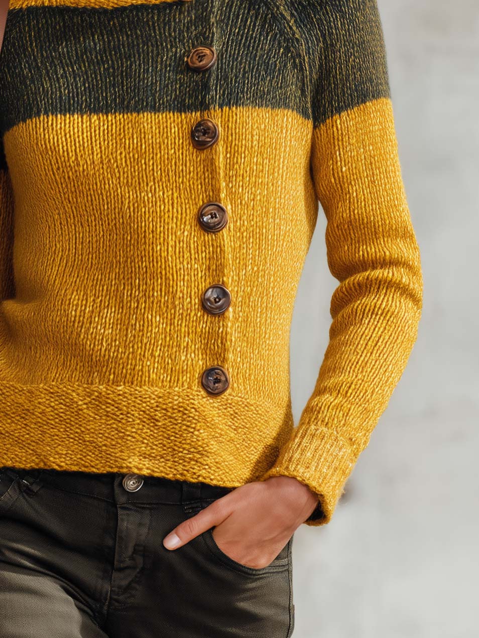 Retro Chic Mustard Color Block Mock Neck Button Front Knit Sweater Top
