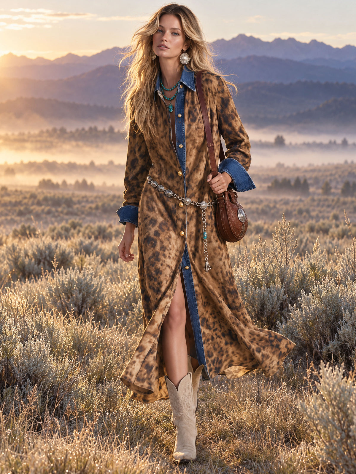 Casual Retro Faux Suede Leopard Print Denim Patchwork Maxi Dress