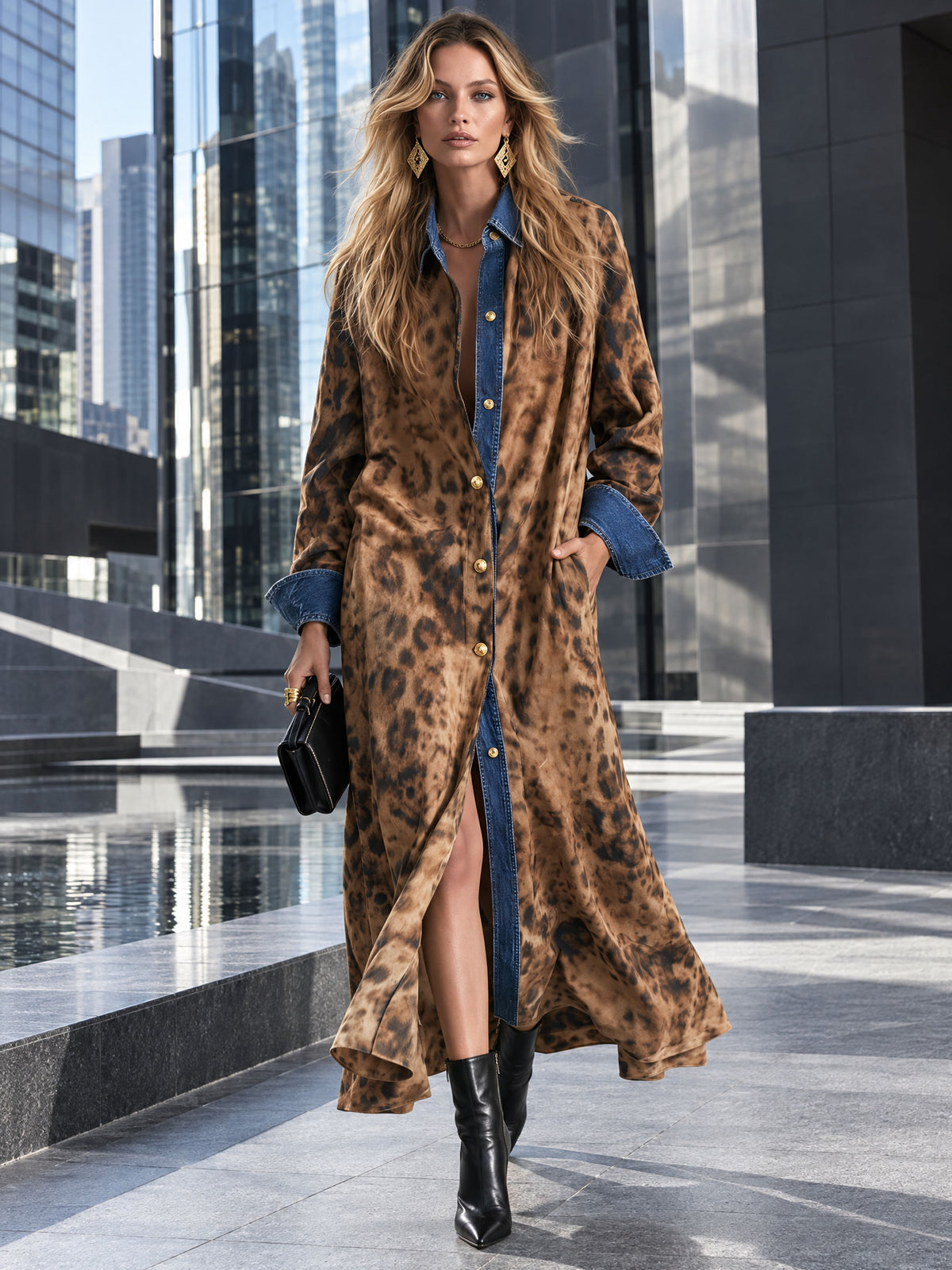 Casual Retro Faux Suede Leopard Print Denim Patchwork Maxi Dress
