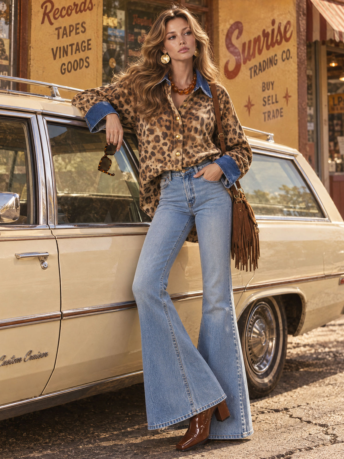 Casual Retro Faux Suede Leopard Print Denim Patchwork Long-sleeved Shirt