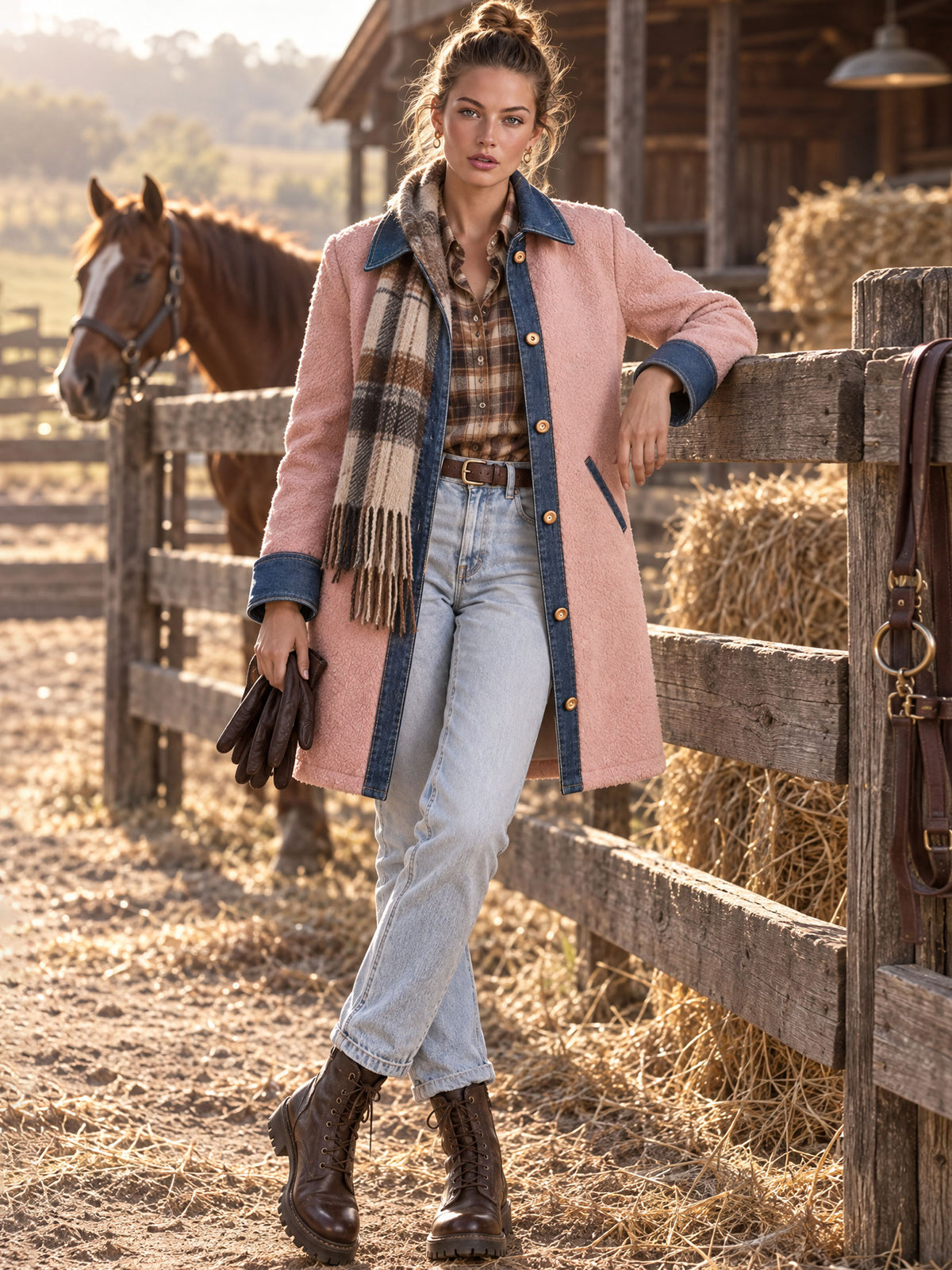 Casual Retro Pink Fleece Denim Patchwork Mid-length Coat