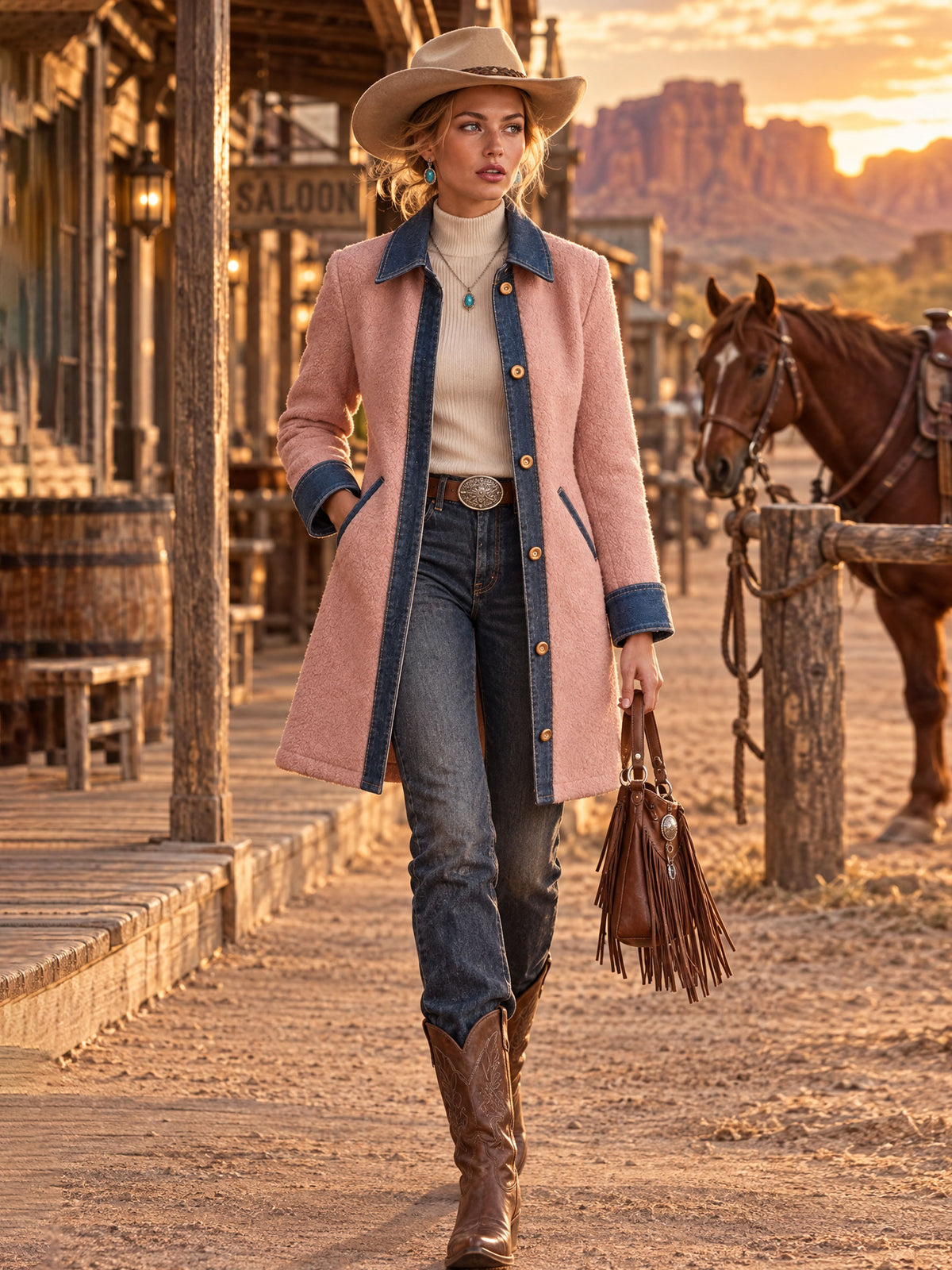 Casual Retro Pink Fleece Denim Patchwork Mid-length Coat