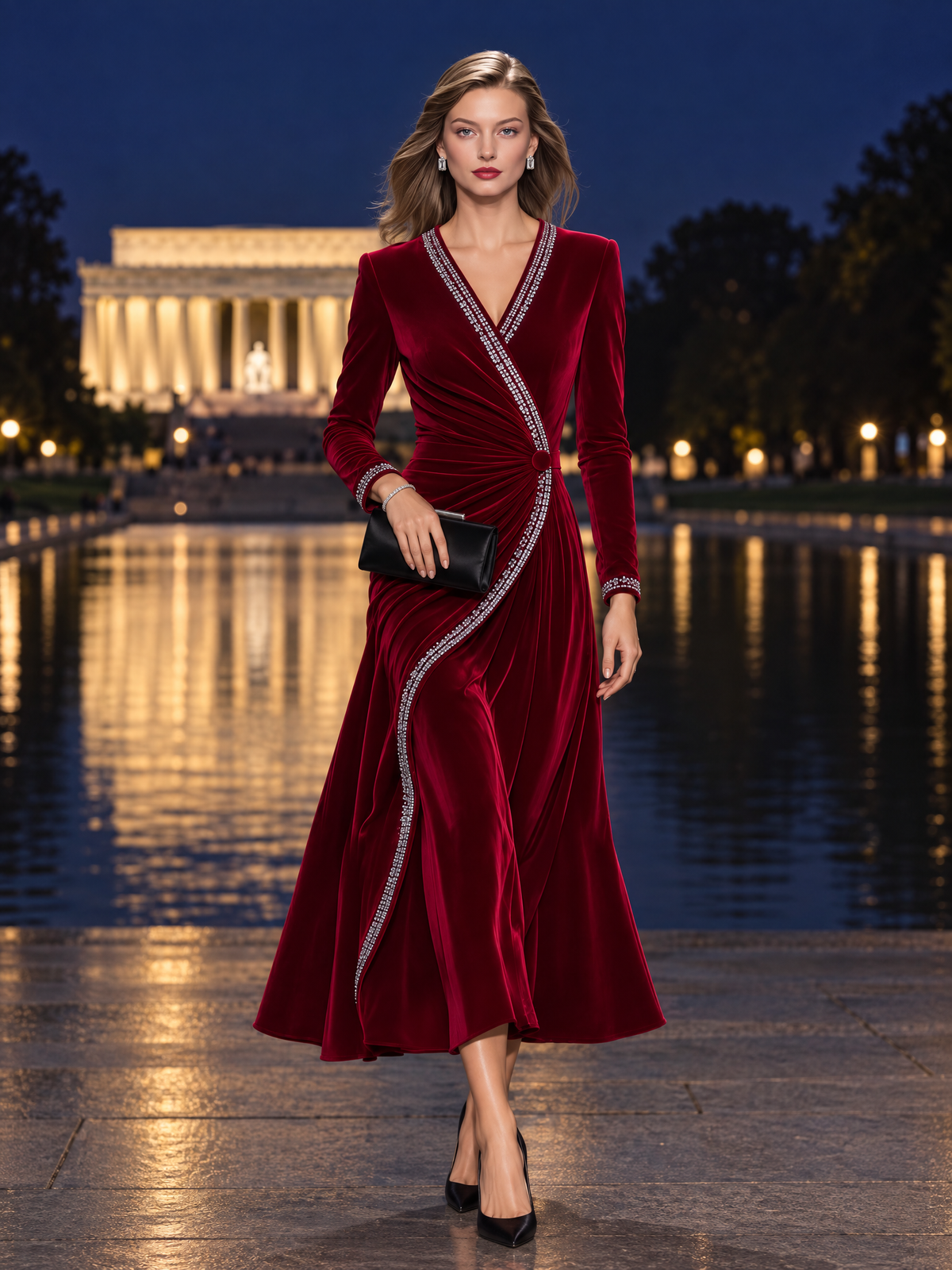 Vintage-style Elegant Red Velvet Maxi Dress With Rhinestones