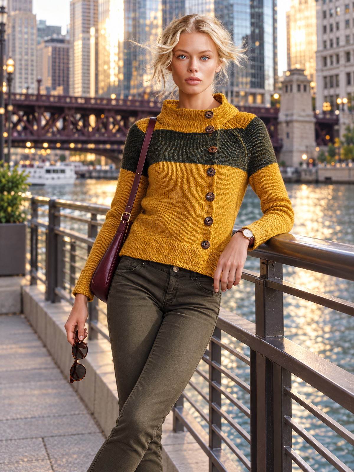 Retro Chic Mustard Color Block Mock Neck Button Front Knit Sweater Top