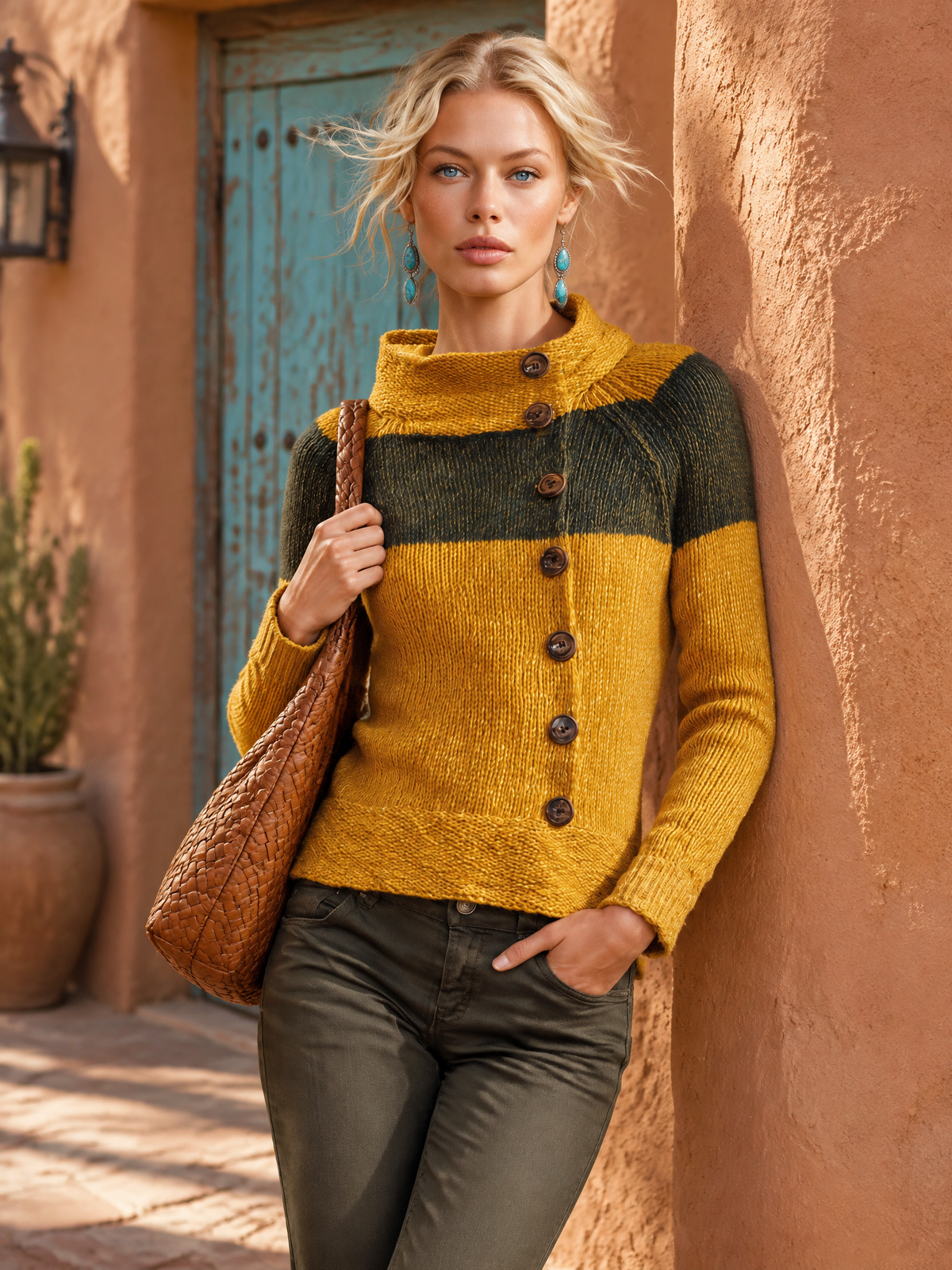 Retro Chic Mustard Color Block Mock Neck Button Front Knit Sweater Top