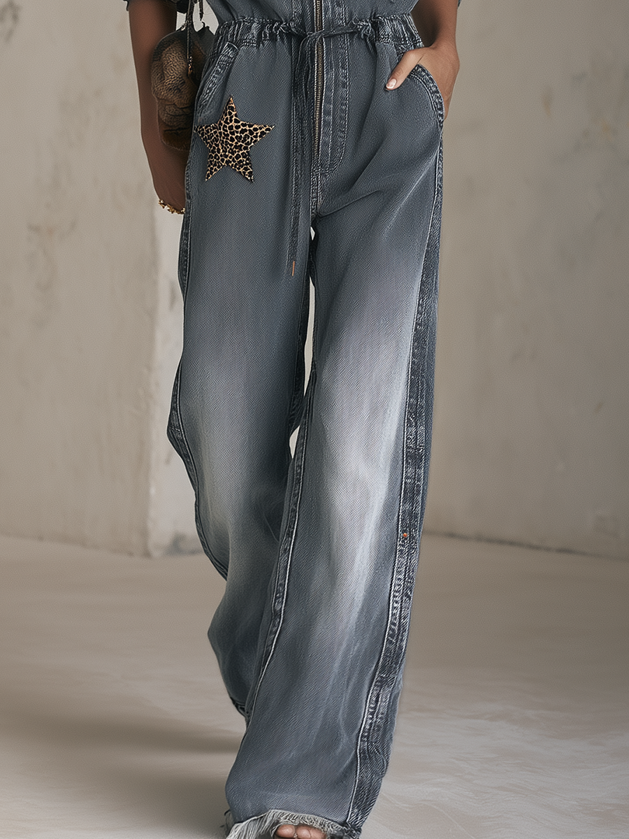 Women’s Grey Denim Jumpsuit With Drawstring Waist