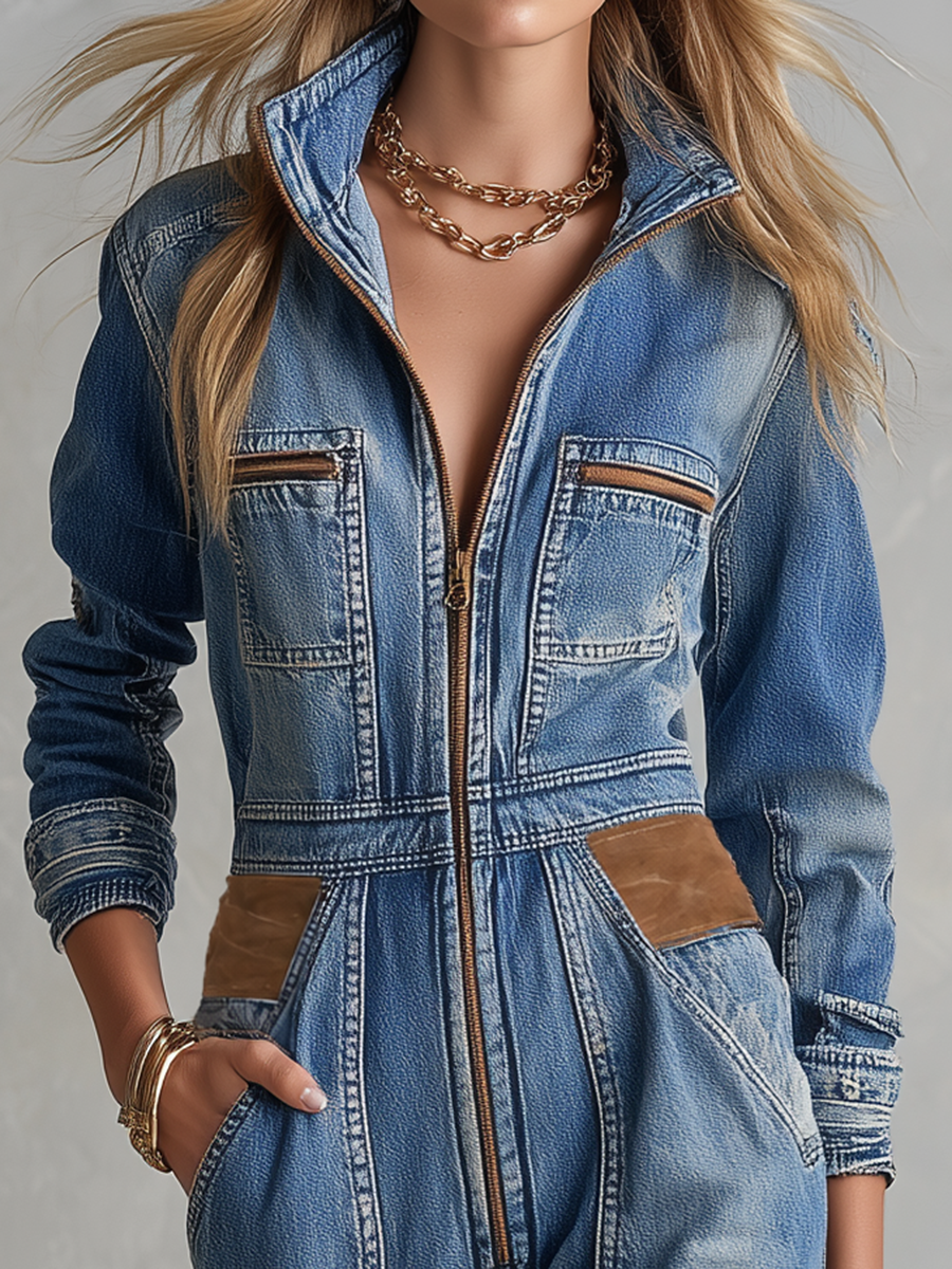 Women’s Patchwork Cargo Denim Jumpsuit With Wide Legs