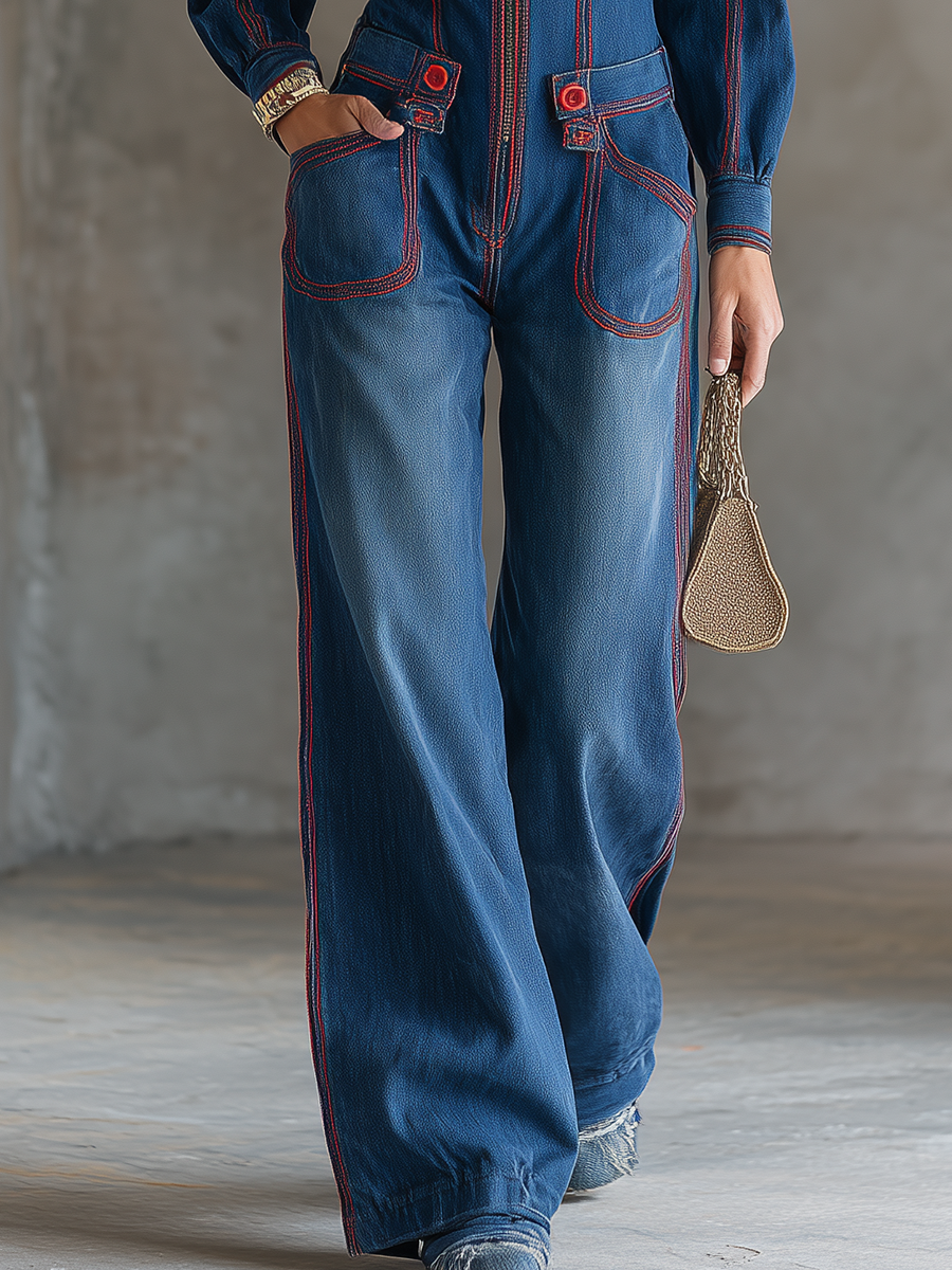 Women’s Hooded Denim Jumpsuit With Red Contrast Stitching
