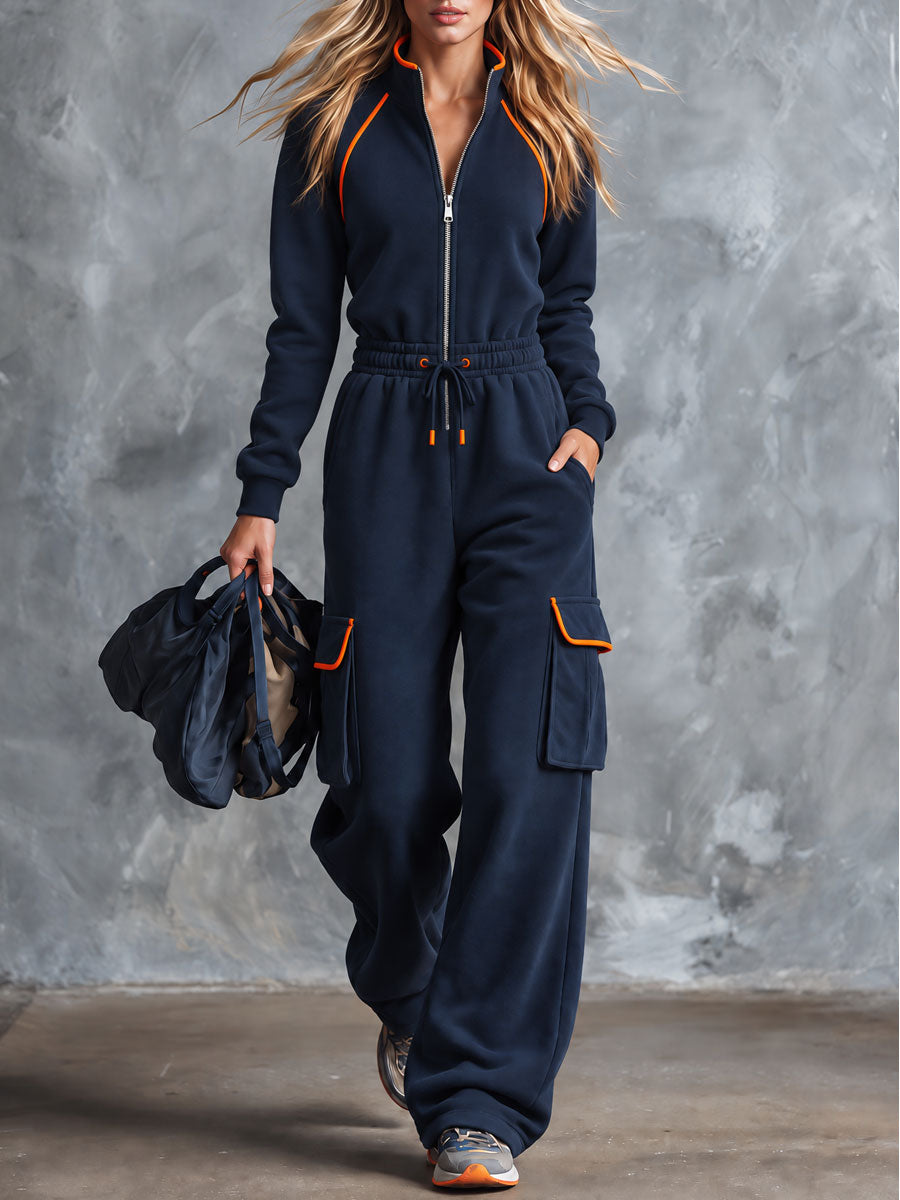 Retro Sporty Color-blocked Blue Cotton Jumpsuit