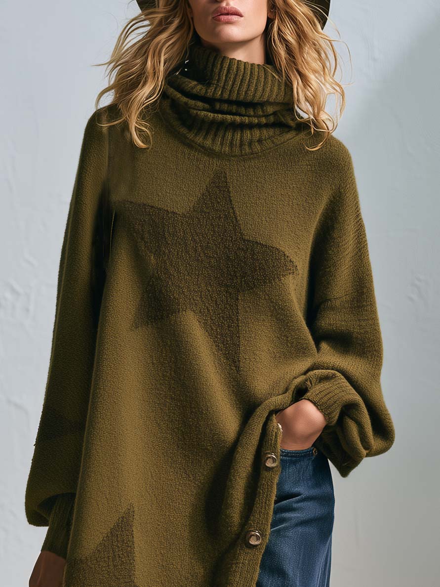 Boho Chic Olive Star Turtleneck Tunic Sweater Oversized Longline Button Slit Knit