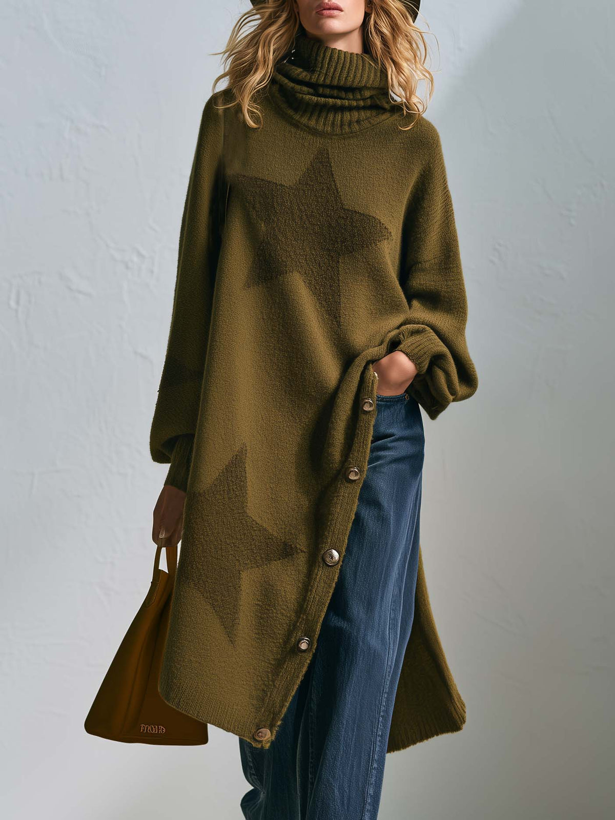 Boho Chic Olive Star Turtleneck Tunic Sweater Oversized Longline Button Slit Knit