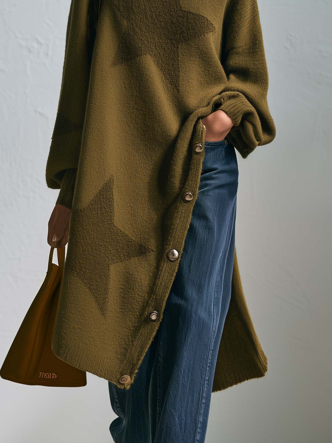Boho Chic Olive Star Turtleneck Tunic Sweater Oversized Longline Button Slit Knit