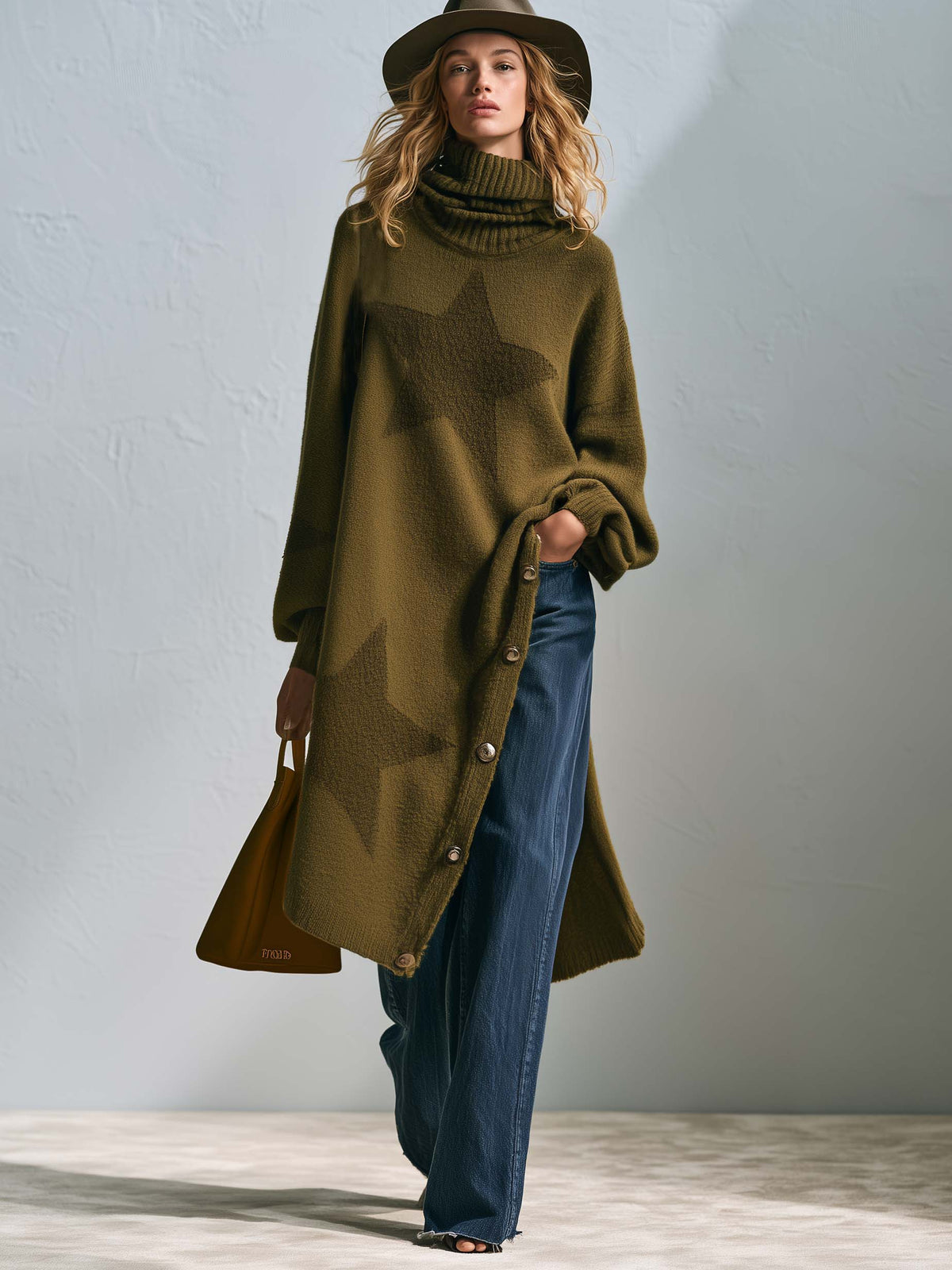 Boho Chic Olive Star Turtleneck Tunic Sweater Oversized Longline Button Slit Knit