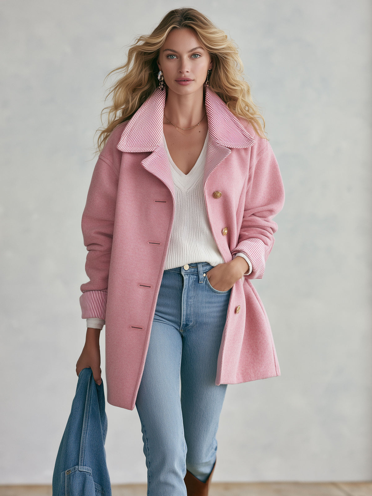 Stylish And Simple Striped Pink Coat