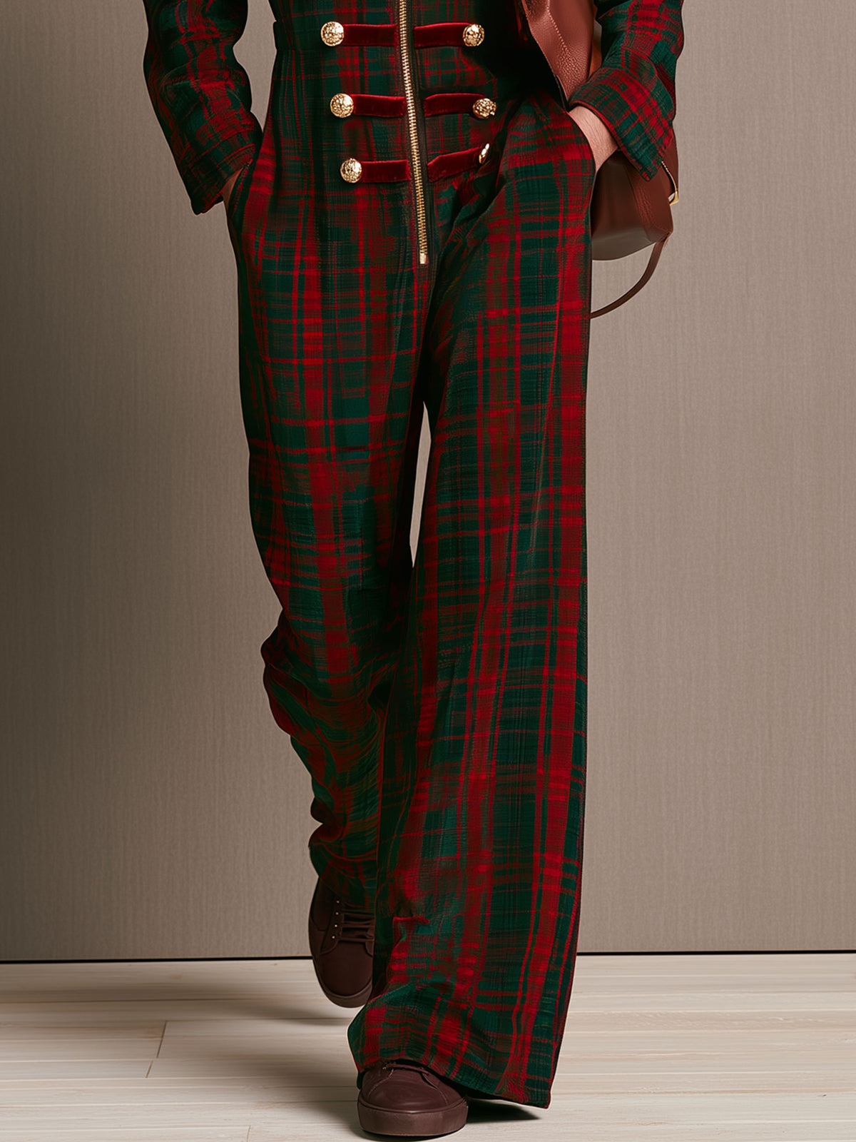 Retro Military-style Gold-buttoned Red And Green Plaid Velvet Hooded Jumpsuit