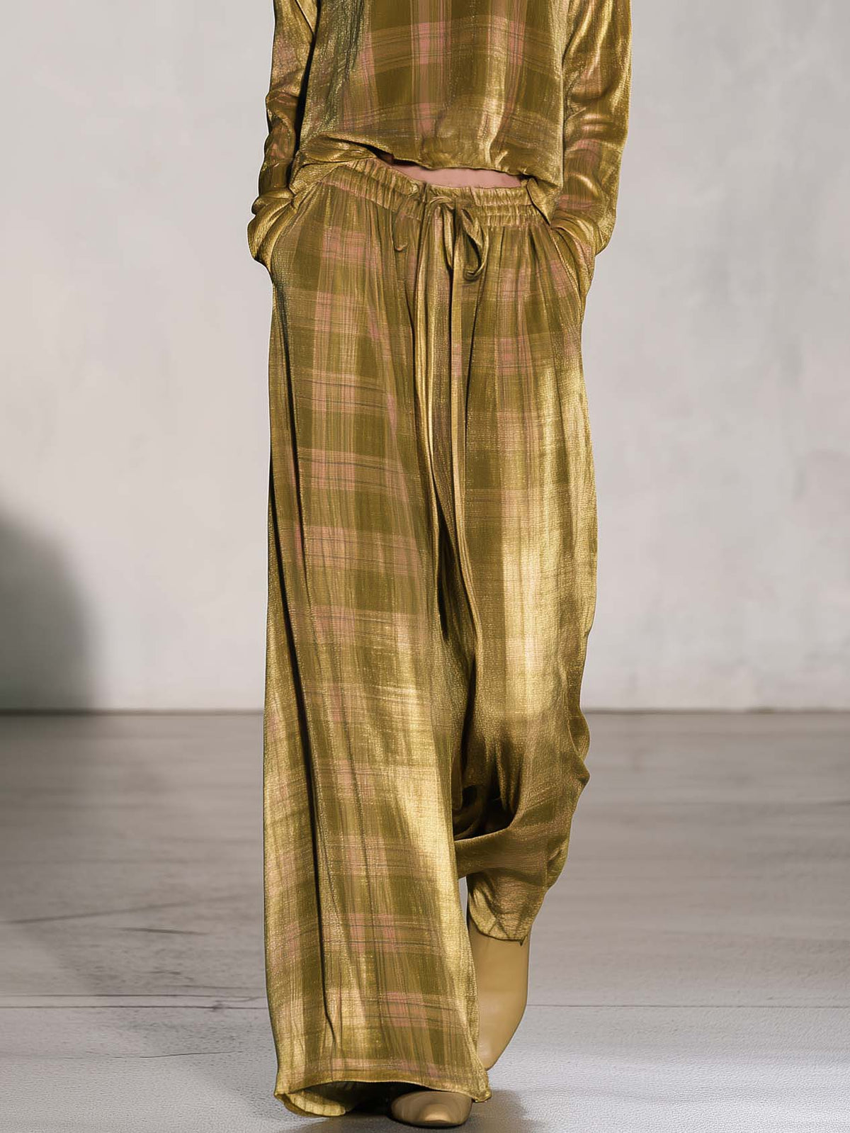 Boho Luxe Golden-olive Plaid Velvet Off Shoulder Top Wide Leg Pants Set