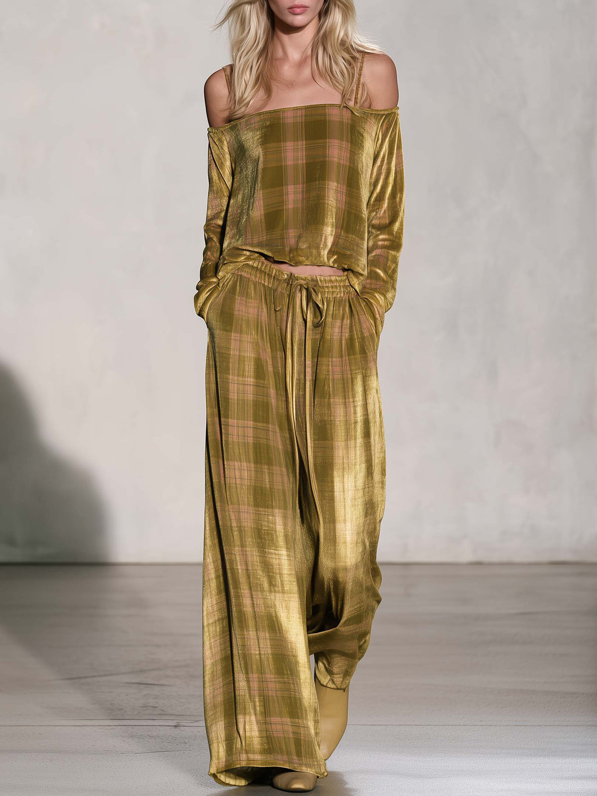 Boho Luxe Golden-olive Plaid Velvet Off Shoulder Top Wide Leg Pants Set