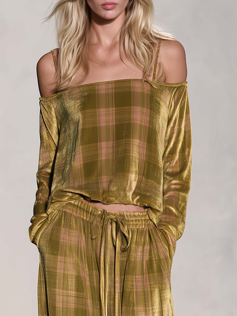 Boho Luxe Golden-olive Plaid Velvet Off Shoulder Top Wide Leg Pants Set