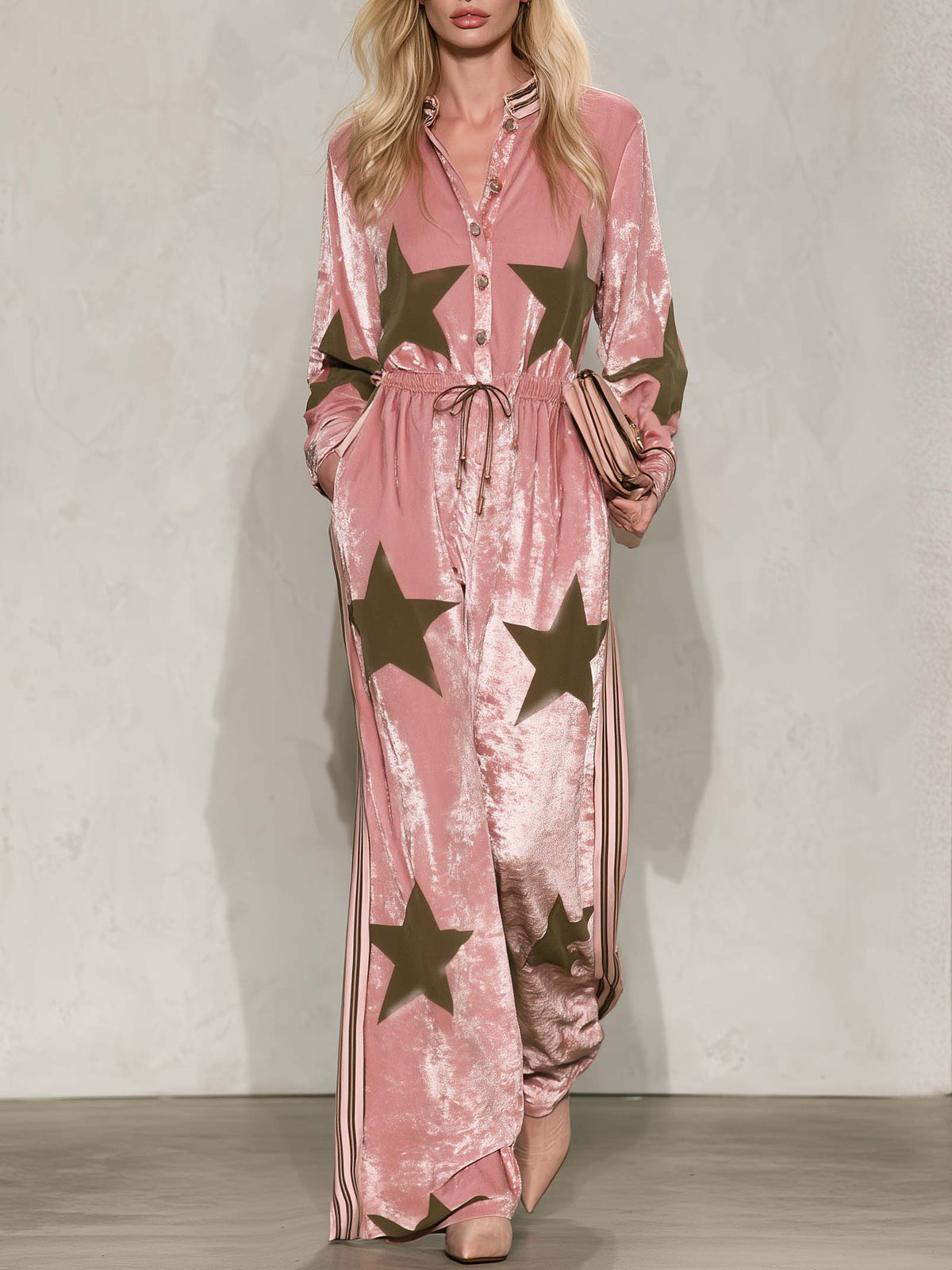 Western Retro Pink Velvet Star Print Wide Leg Jumpsuit Drawstring Button Front