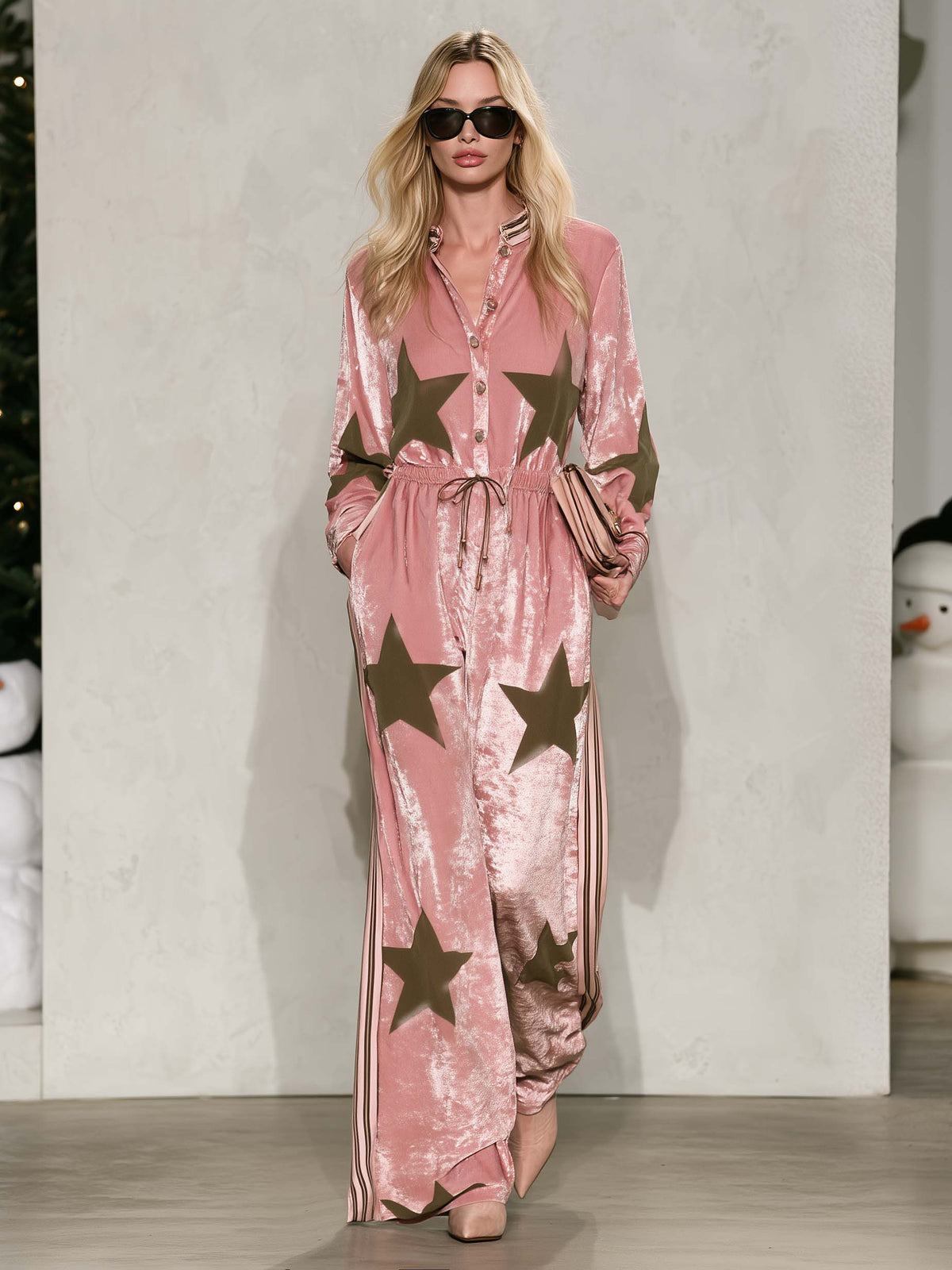 Western Retro Pink Velvet Star Print Wide Leg Jumpsuit Drawstring Button Front